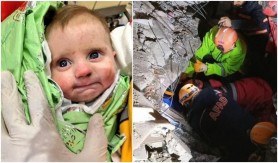 Cu ochii mari, bebelușul privește chipurile salvatorilor. A luptat și a supraviețuit miraculos sub o clădire prăbușită timp de 128 de ore